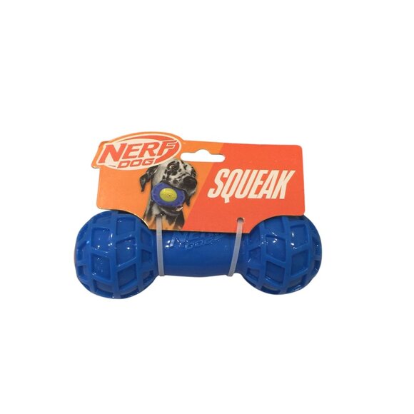NERF DOG Blue Orange Squeak 6 1/2" Barbell Dog Toy - Picture 1 of 4
